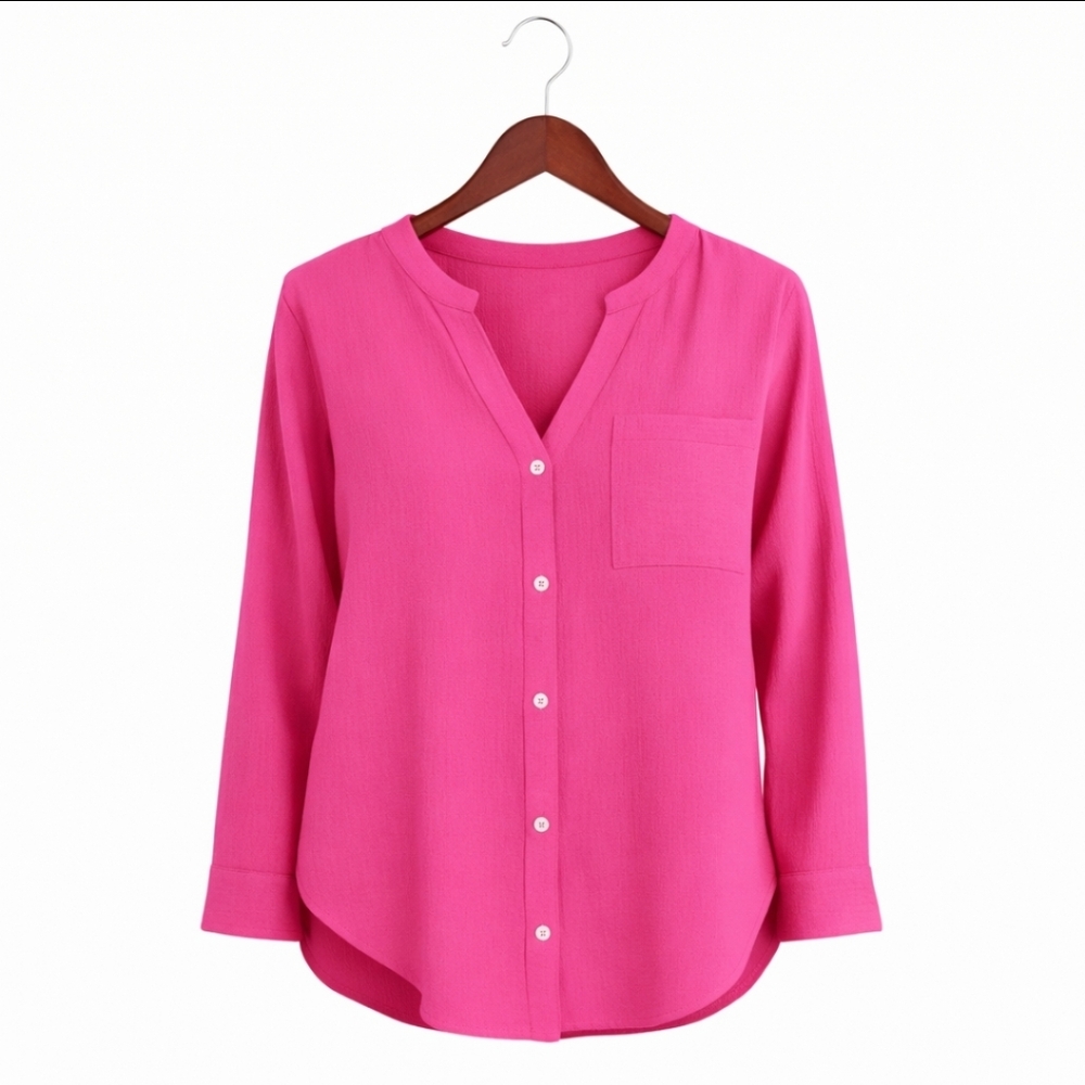 Ekouaer Pink Collarless Crepe Tunic Top Sz Med